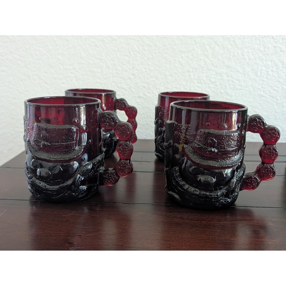Set of 4 Vtg Ruby Red Glass Snowman Holiday Mugs Embossed Glass Arcoroc France